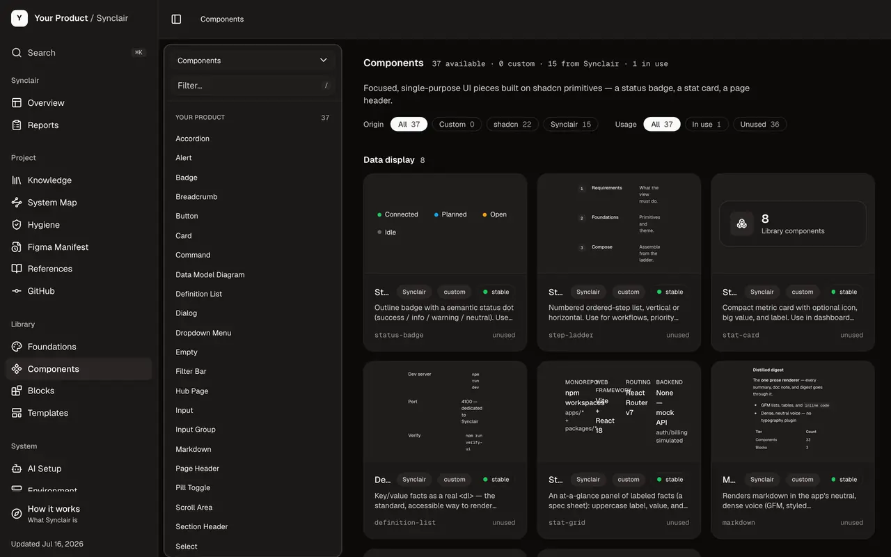 The component library — live-rendered previews with origin and usage filters