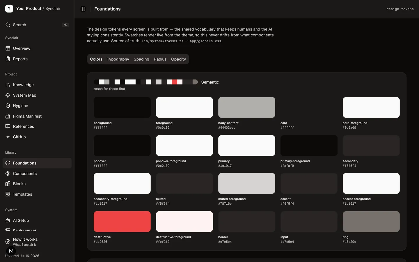 The Foundations page — token swatches rendering live from the theme